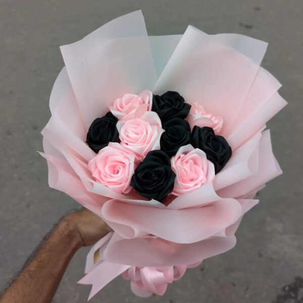 B146 10 Black Pink Ribbon Rose - Image 3